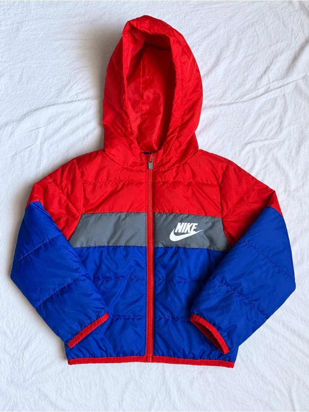 Nike Kids Hooded Colorblock Puffer Jacket - Red, Blue, Gray
